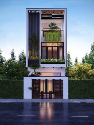 Phối màu sơn mặt tiền nhà ống 2 tầng hiện đại