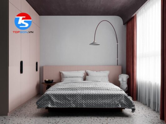 Sơn phòng ngủ nhỏ 2 màu hồng pastel và xám nhạt