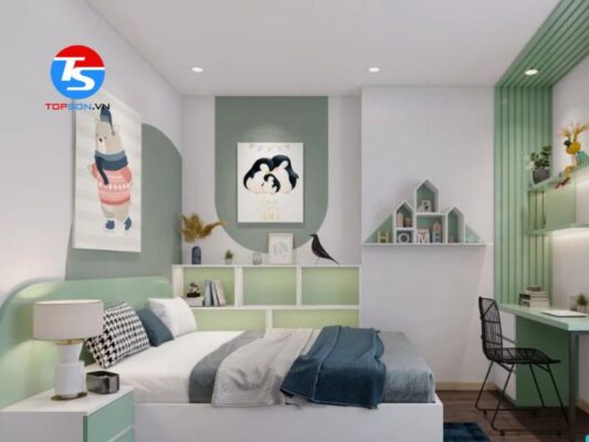 phòng ngủ nhỏ sơn màu xanh rêu nhạt và trắng sữa